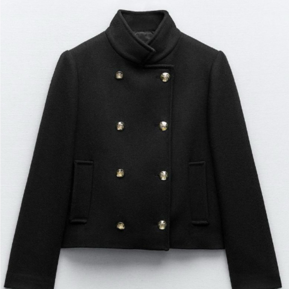 Zara Black Pea Coat with Double-Breasted Design and High Collar